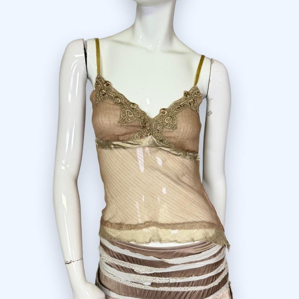 Fille Vintage Y2K Silk Fairy Lace Camisole Top Taupe Gold Pinstripe Size 00